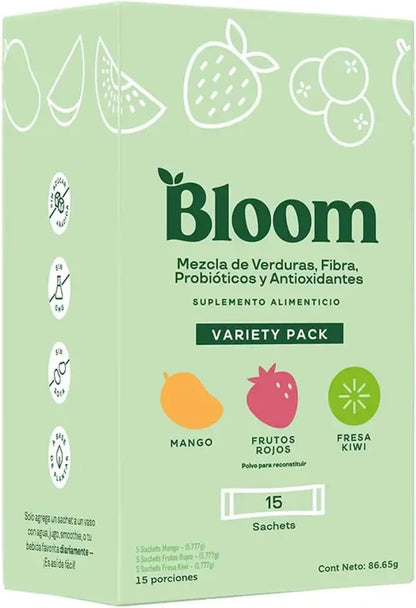 Bloom Mezcla de Verduras, Fibra, Probióticos y Antioxidantes Mix Sabores Caja con 15 Sachets