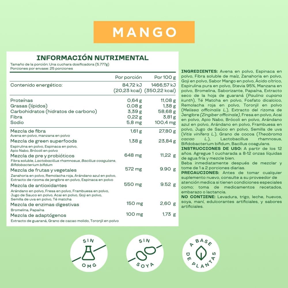 Bloom Mezcla de Verduras, Fibra, Probióticos y Antioxidantes Mango 145 g