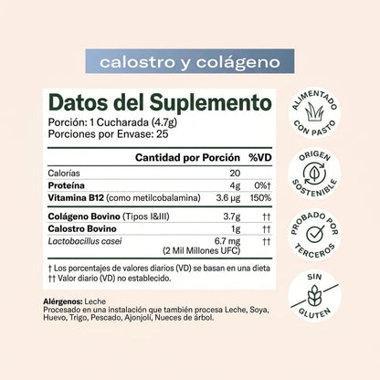Bloom Nutrition Calostro Bovino y Péptidos de Colágeno Sin Sabor 118 gr