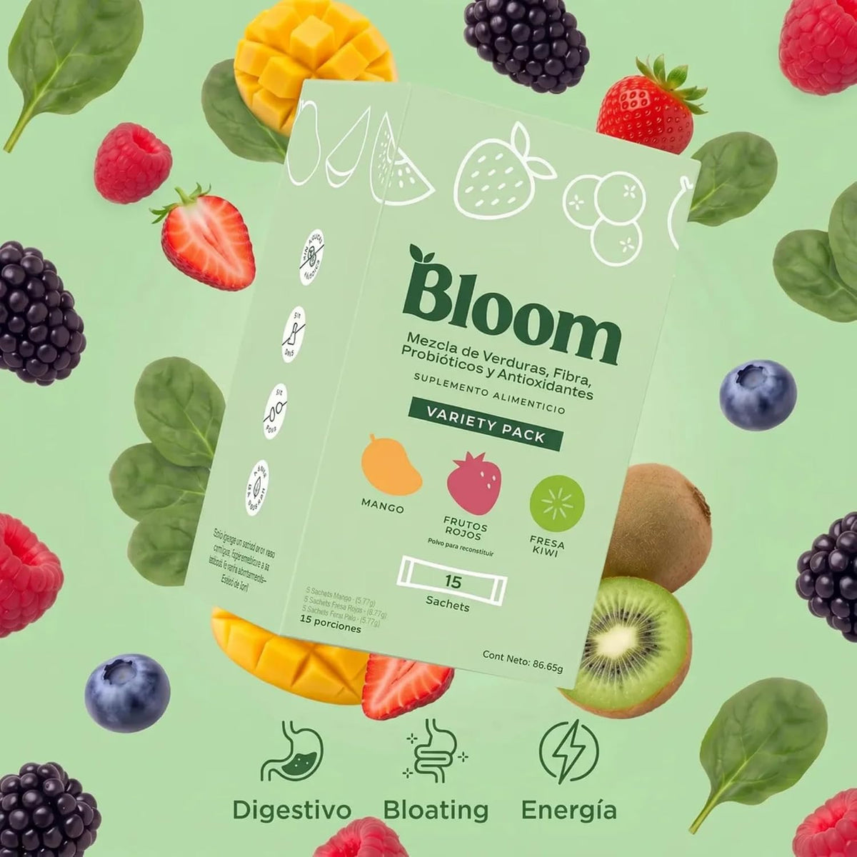 Bloom Mezcla de Verduras, Fibra, Probióticos y Antioxidantes Mix Sabores Caja con 15 Sachets