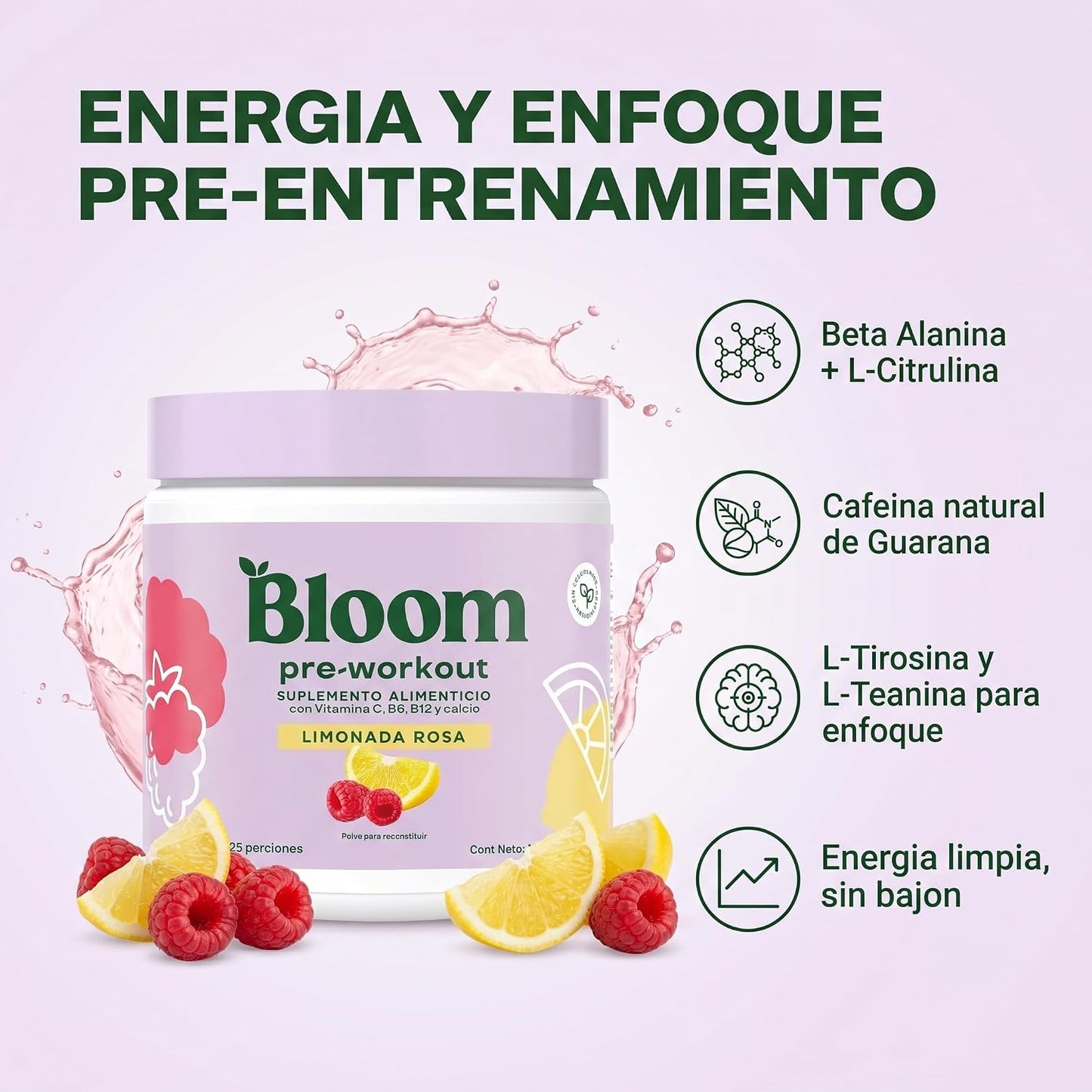 Bloom Pre-Workout Limonada Rosa 175 g | Energía, Enfoque y Máximo Rendimiento