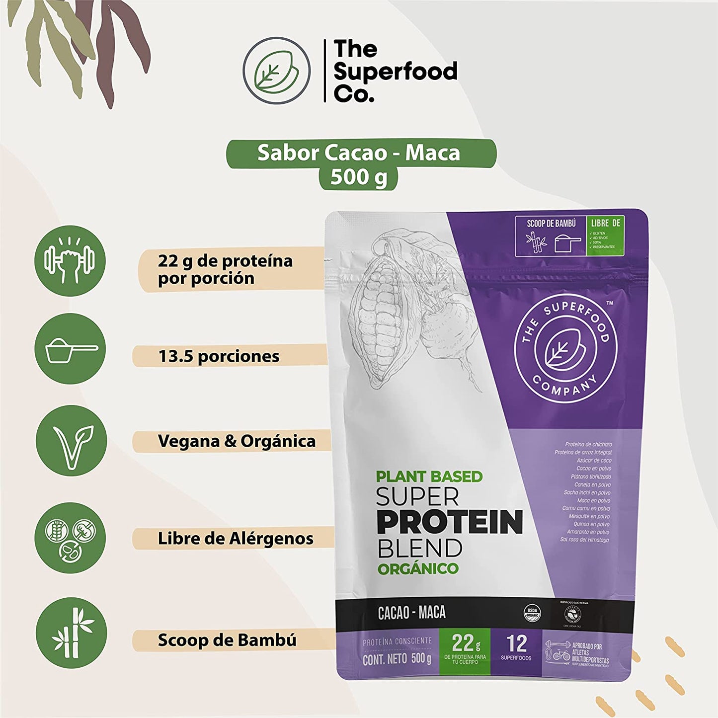 Proteína vegana The Superfood Company / Cacao - Maca 500gr